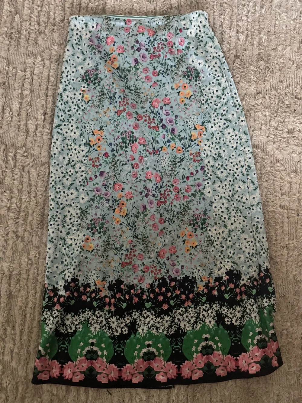Alice + Olivia Silk Pastel Blue Floral Midi Skirt with Multi-Color Border - Picture 2 of 5